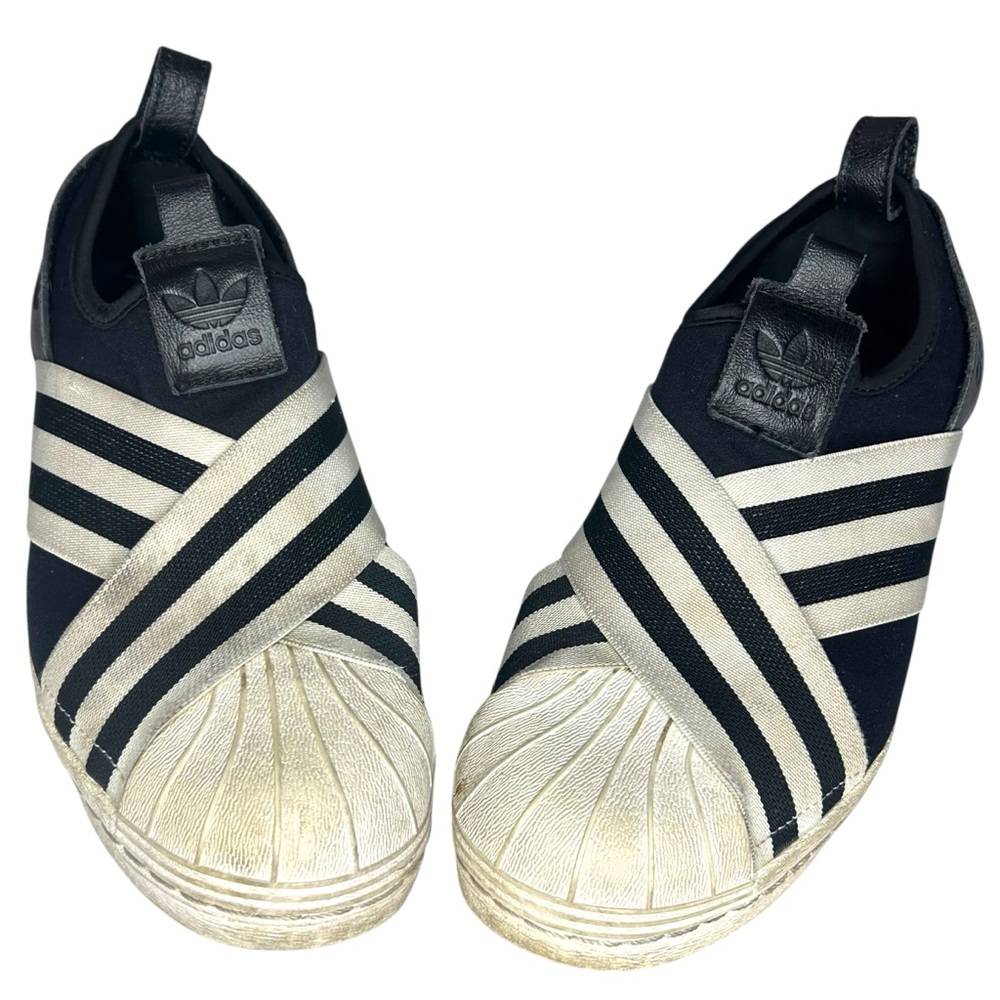 Adidas Black and White Striped Slip-Ons